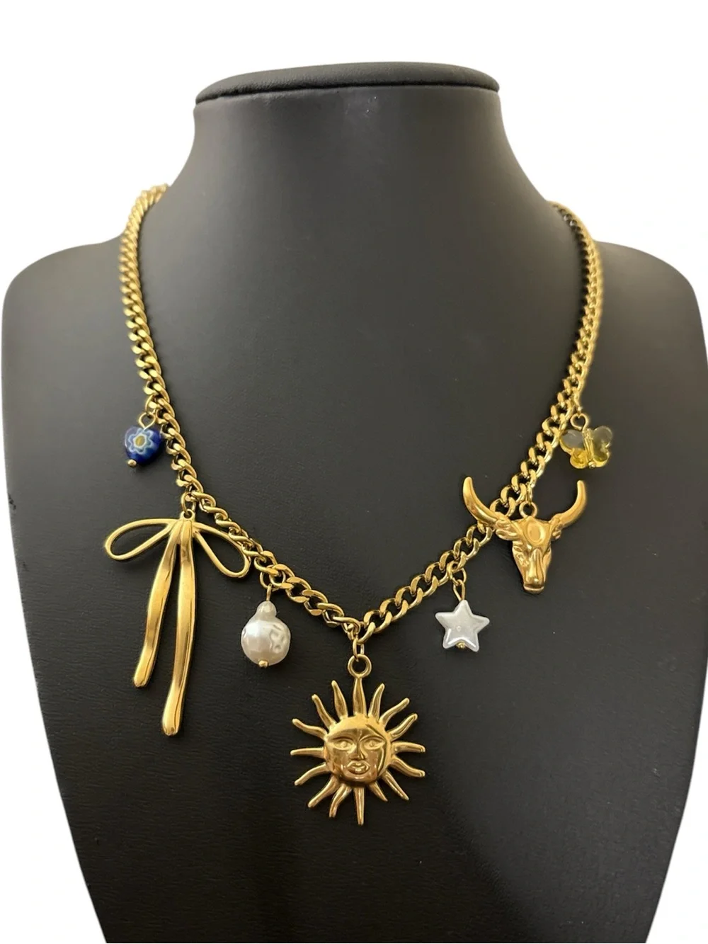 Western Sun Gold Plated Stainless Steel 7 Charm Statement Necklace - New